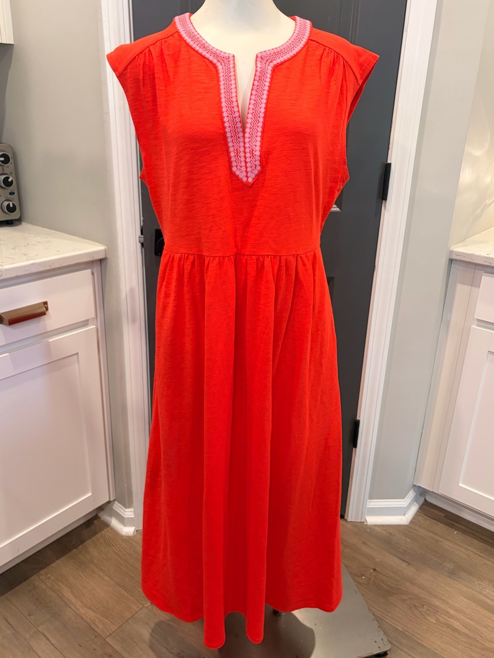 Boden A-line Coral Red Cap Sleeve Midi Dress w Pockets- Size 10P